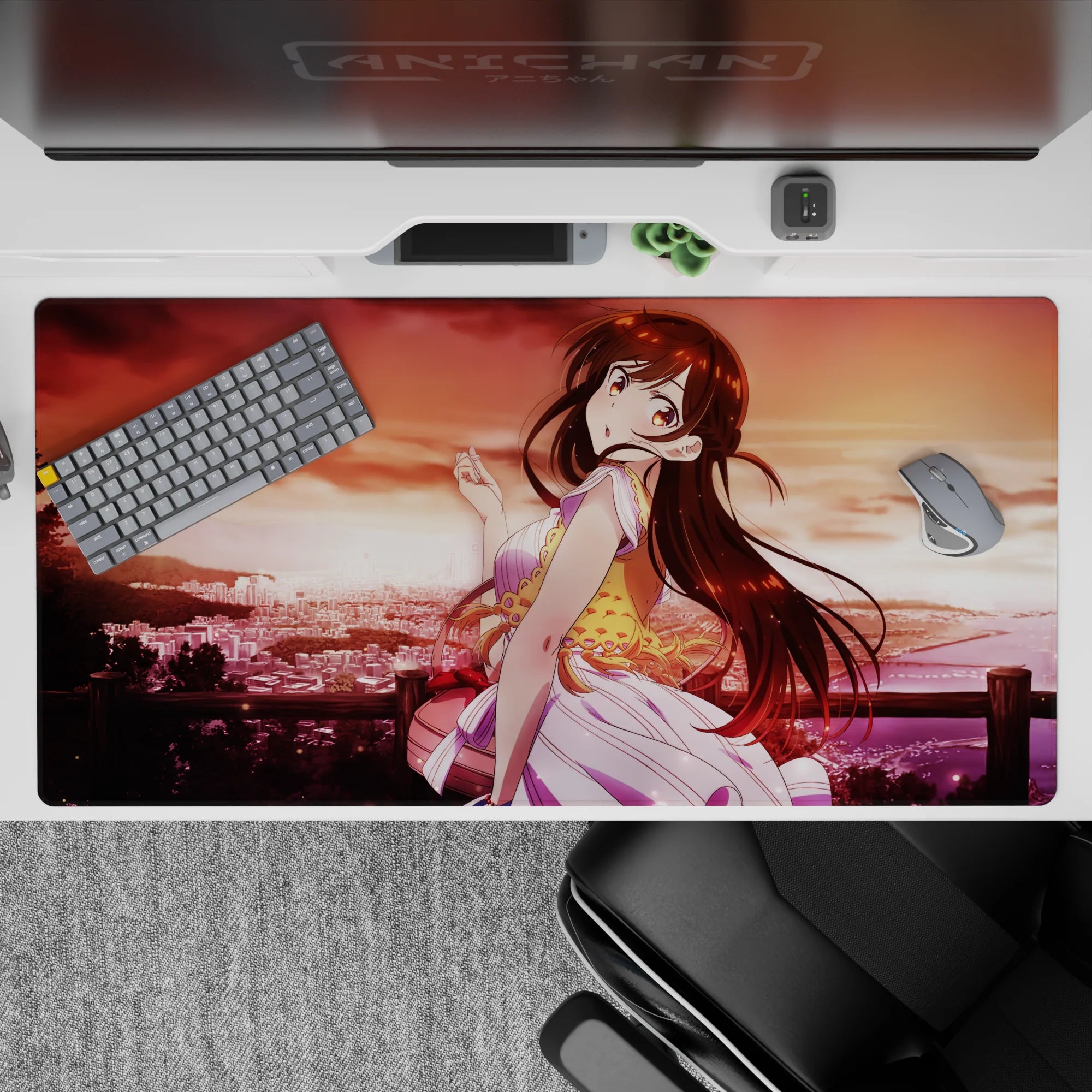 40x20 inches desk pad in warm apricot sunset tones, rosy reds and gold glow, dreamy pastel anime vibe.