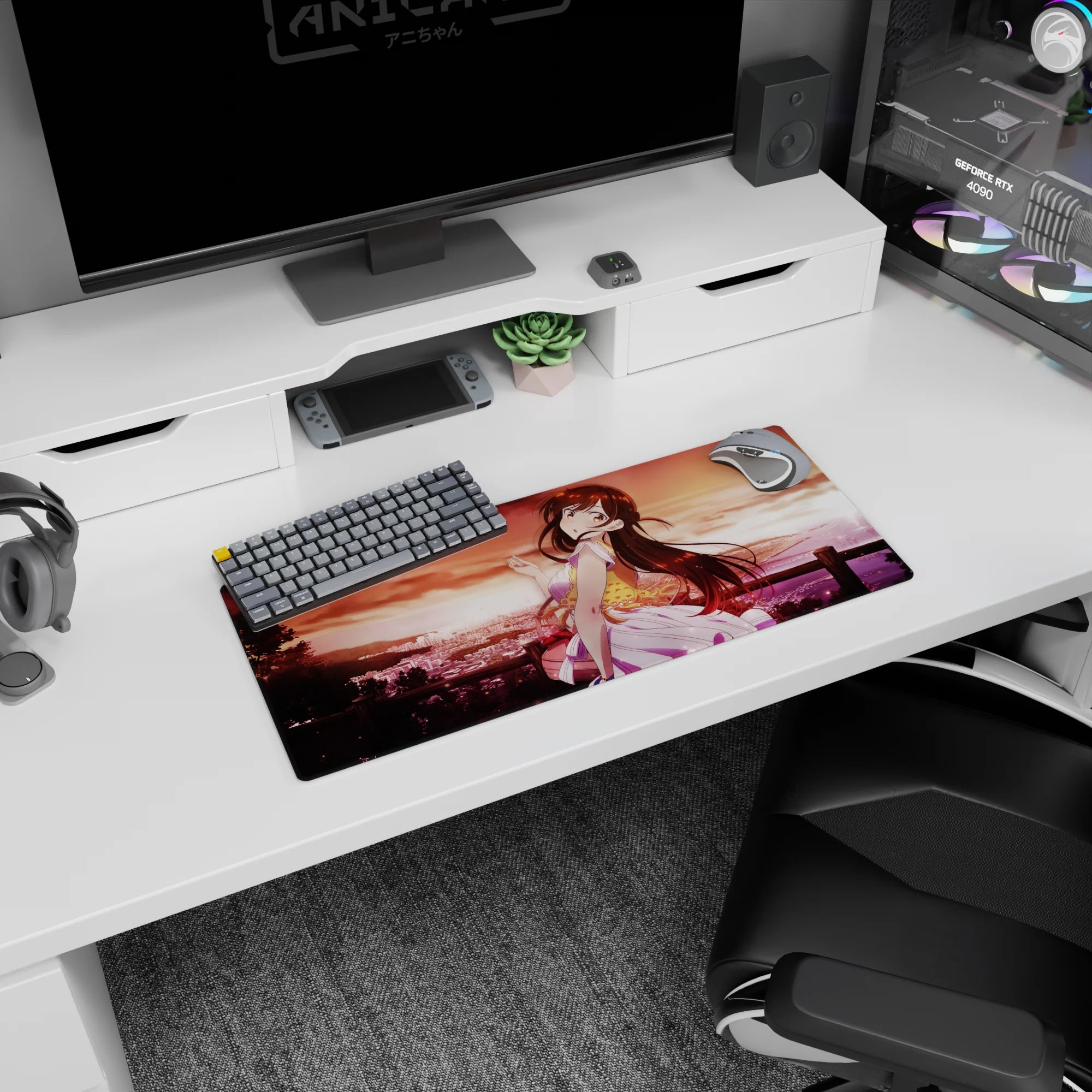28x12 inches anime girl mouse pad with shy-glancing girl and wind-tossed hair by a glowing seaside city.