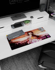 28x12 inches anime girl mouse pad with shy-glancing girl and wind-tossed hair by a glowing seaside city.