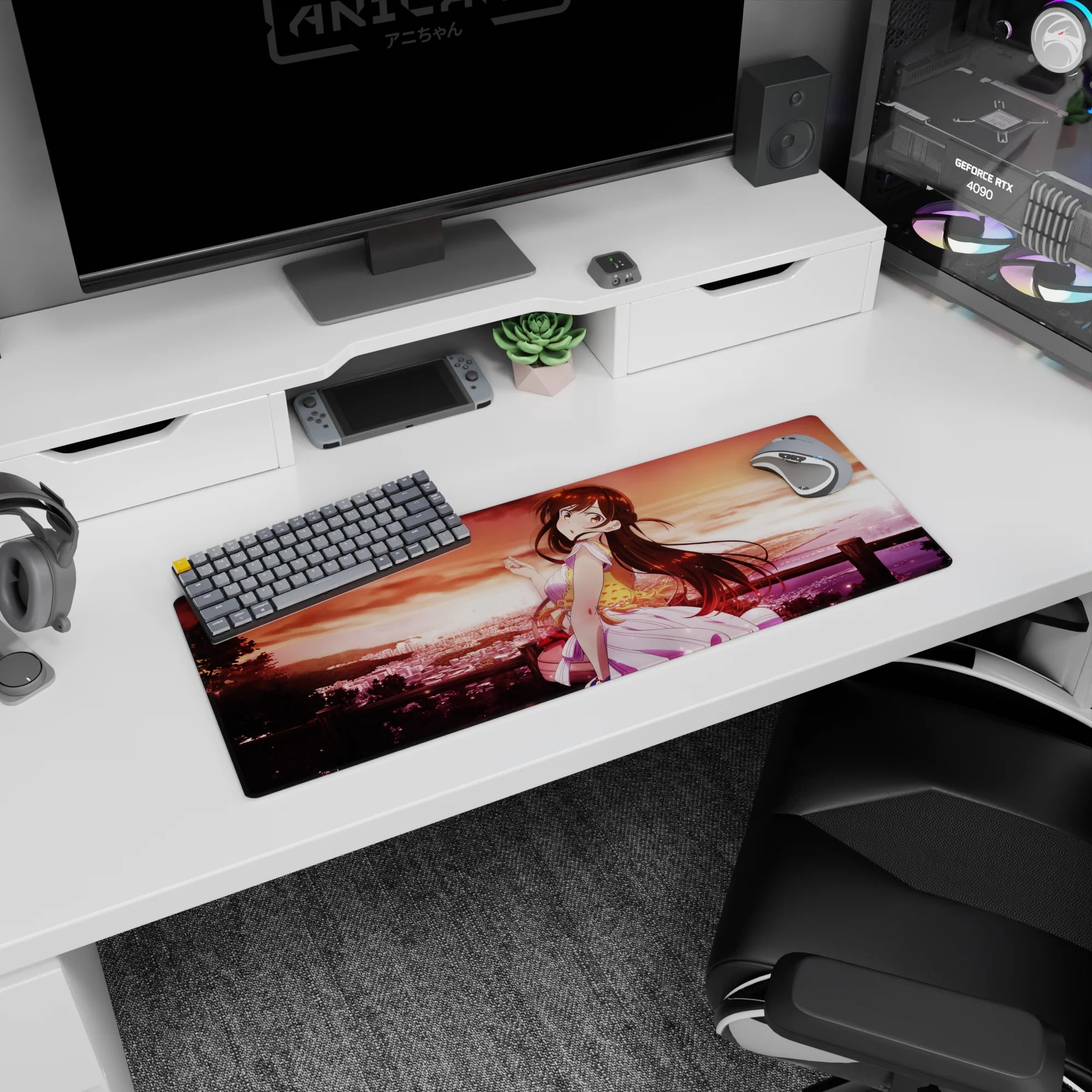 32x12 inches anime girl mouse pad featuring a shy anime girl with wind-tossed hair by a glowing coast.