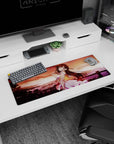 32x12 inches anime girl mouse pad featuring a shy anime girl with wind-tossed hair by a glowing coast.