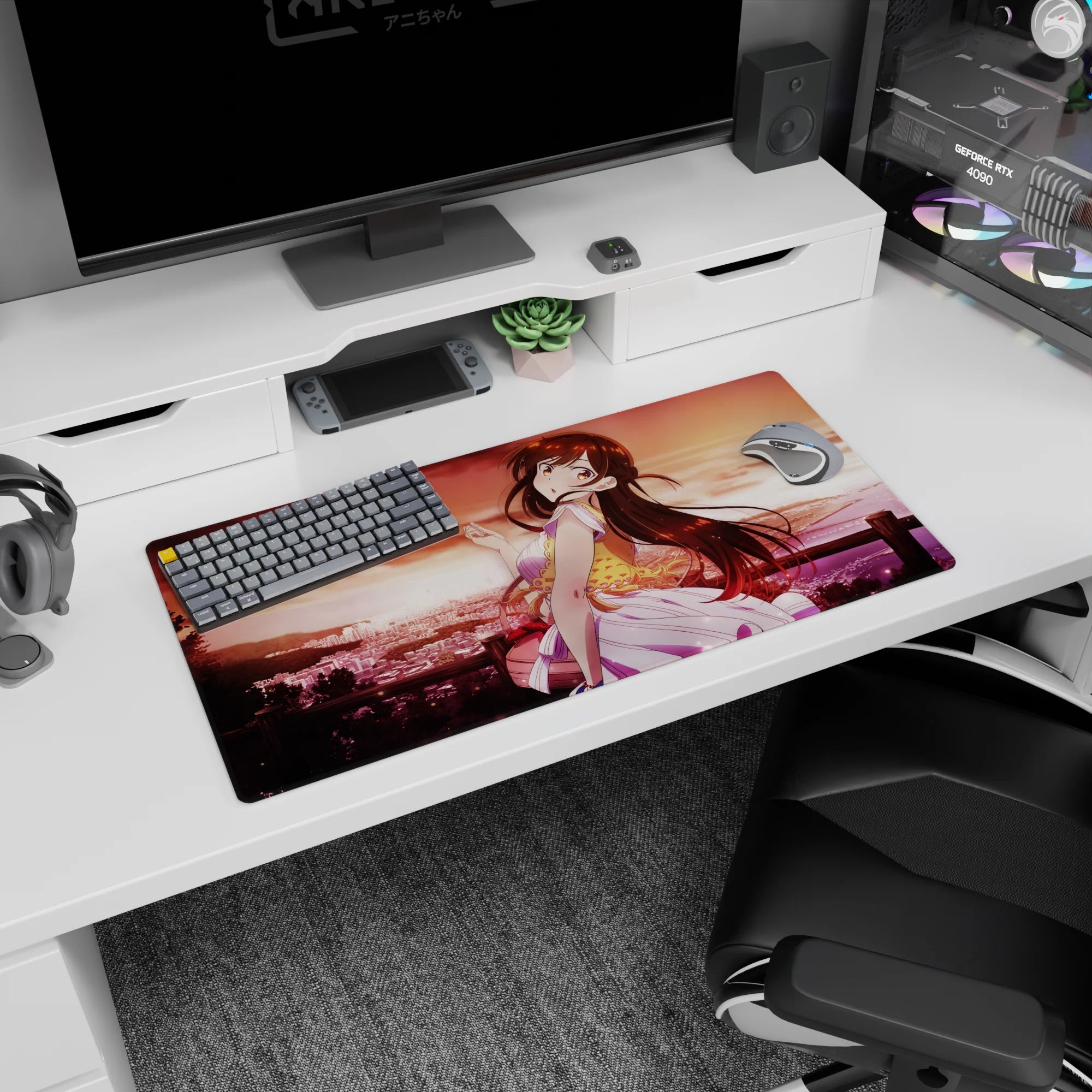 Anime girl desk mat 32x16 inches featuring a shy-glance girl with wind-tossed hair by a glowing coast.