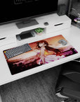 Anime girl desk mat 32x16 inches featuring a shy-glance girl with wind-tossed hair by a glowing coast.