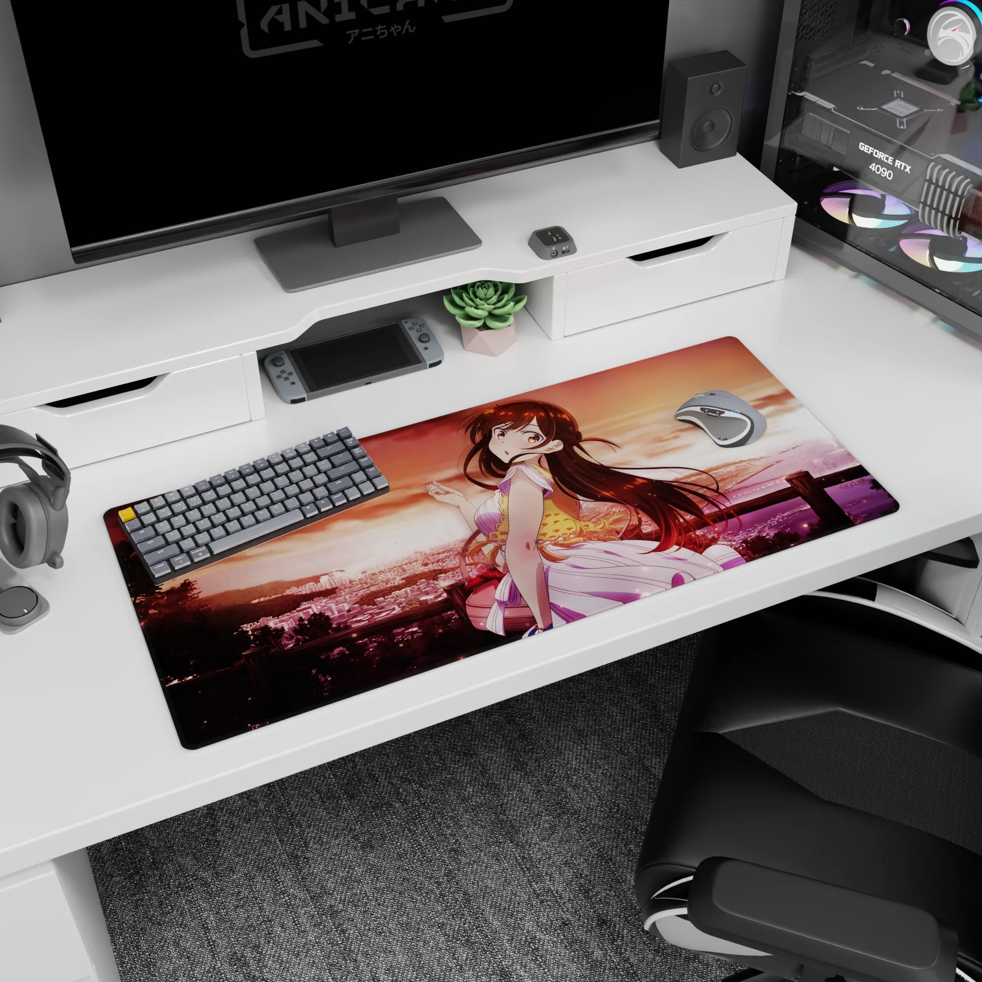 Wind-tossed hair anime girl desk pad 36x16 inches featuring a shy glance over a glowing coastal city.