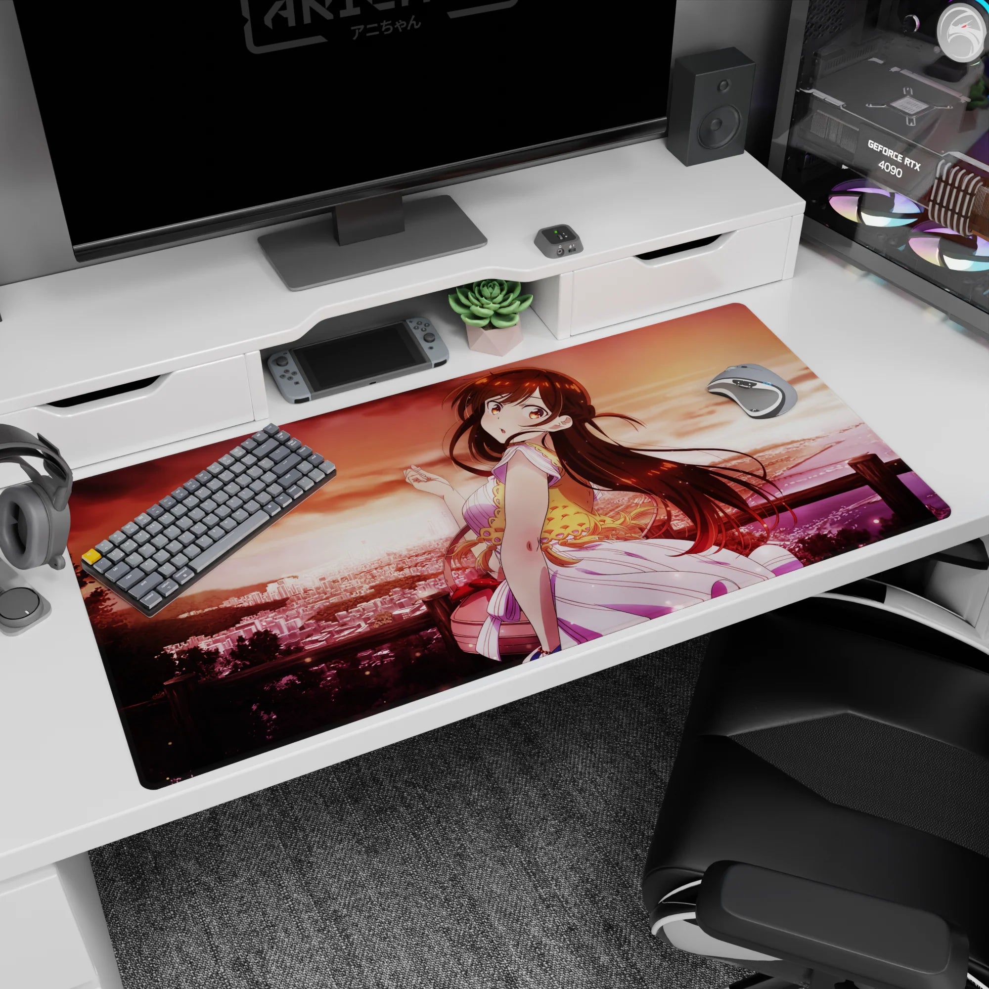 40x20 inches anime girl desk pad with shy glance and wind-tossed hair against a sparkling seaside city sunset.