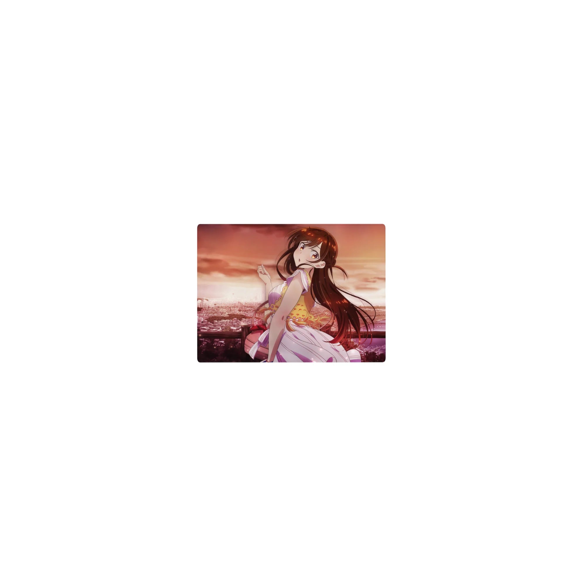 Classic anime girl mouse pad 14x10 inches with sunset city shoreline scene, pastel outfit, glossy highlights.