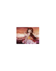 Classic anime girl mouse pad 14x10 inches with sunset city shoreline scene, pastel outfit, glossy highlights.