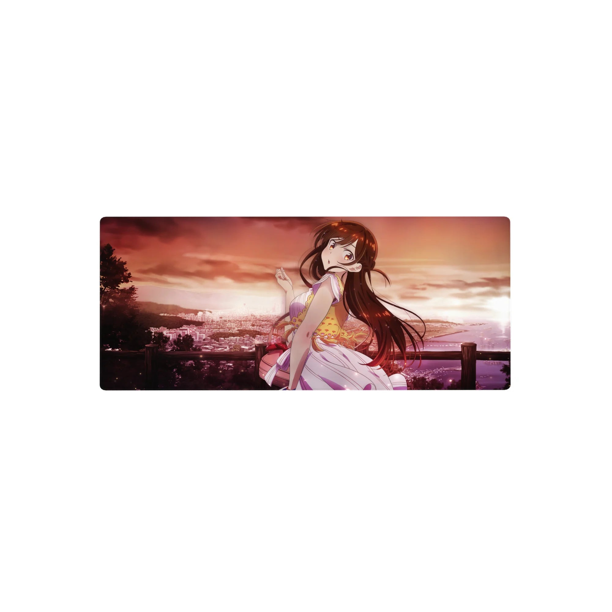 28x12 inches anime girl mouse pad with sunset city-and-shoreline scene, sparkling highlights, pastel outfit.