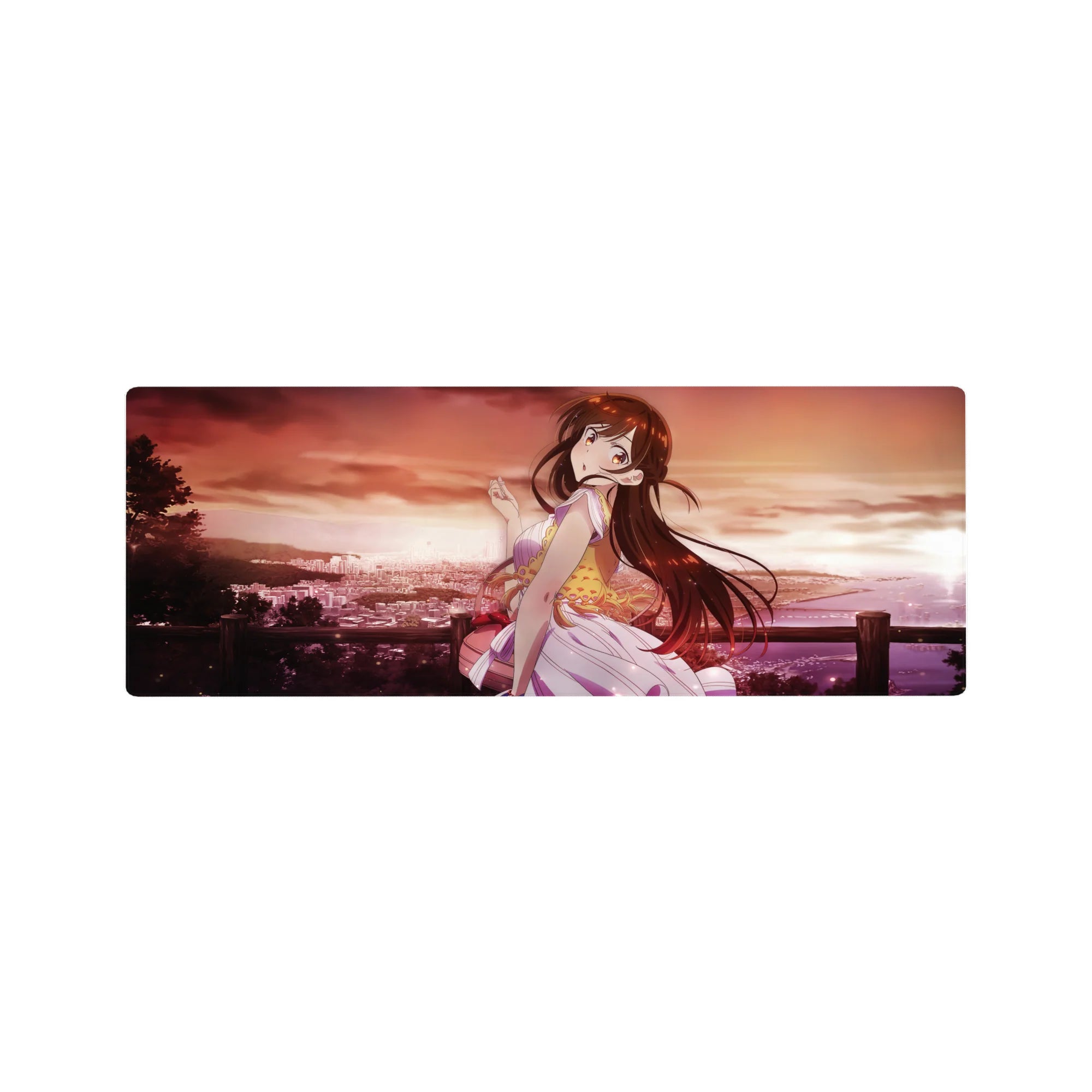 32x12 inches anime girl mouse pad with sunset city and shoreline scene, pastel outfit, glossy highlights.