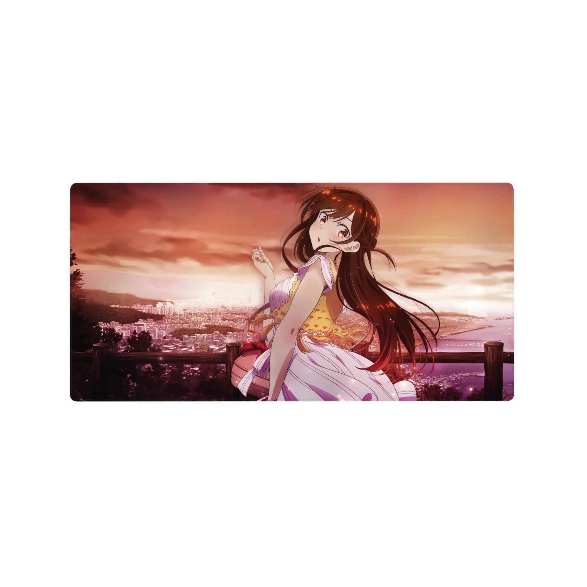 Anime girl mouse pad 32x16 inches with sunset city shoreline scene, pastel outfit details, glossy highlights.