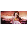 Anime girl mouse pad 32x16 inches with sunset city shoreline scene, pastel outfit details, glossy highlights.
