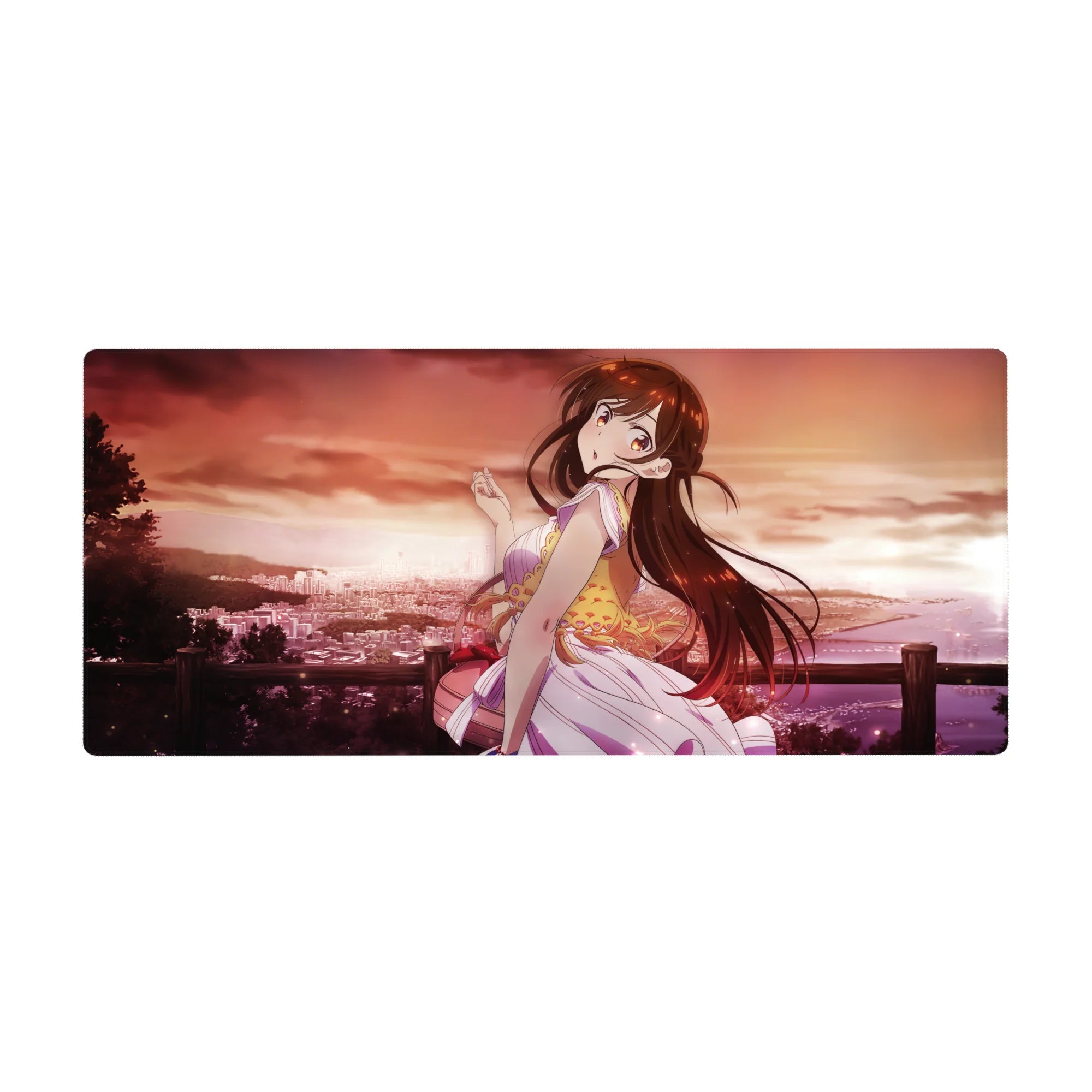 Anime girl desk pad 36x16 inches with sunset city shoreline backdrop and cute pastel outfit details.