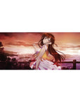 Anime girl desk pad 36x16 inches with sunset city shoreline backdrop and cute pastel outfit details.