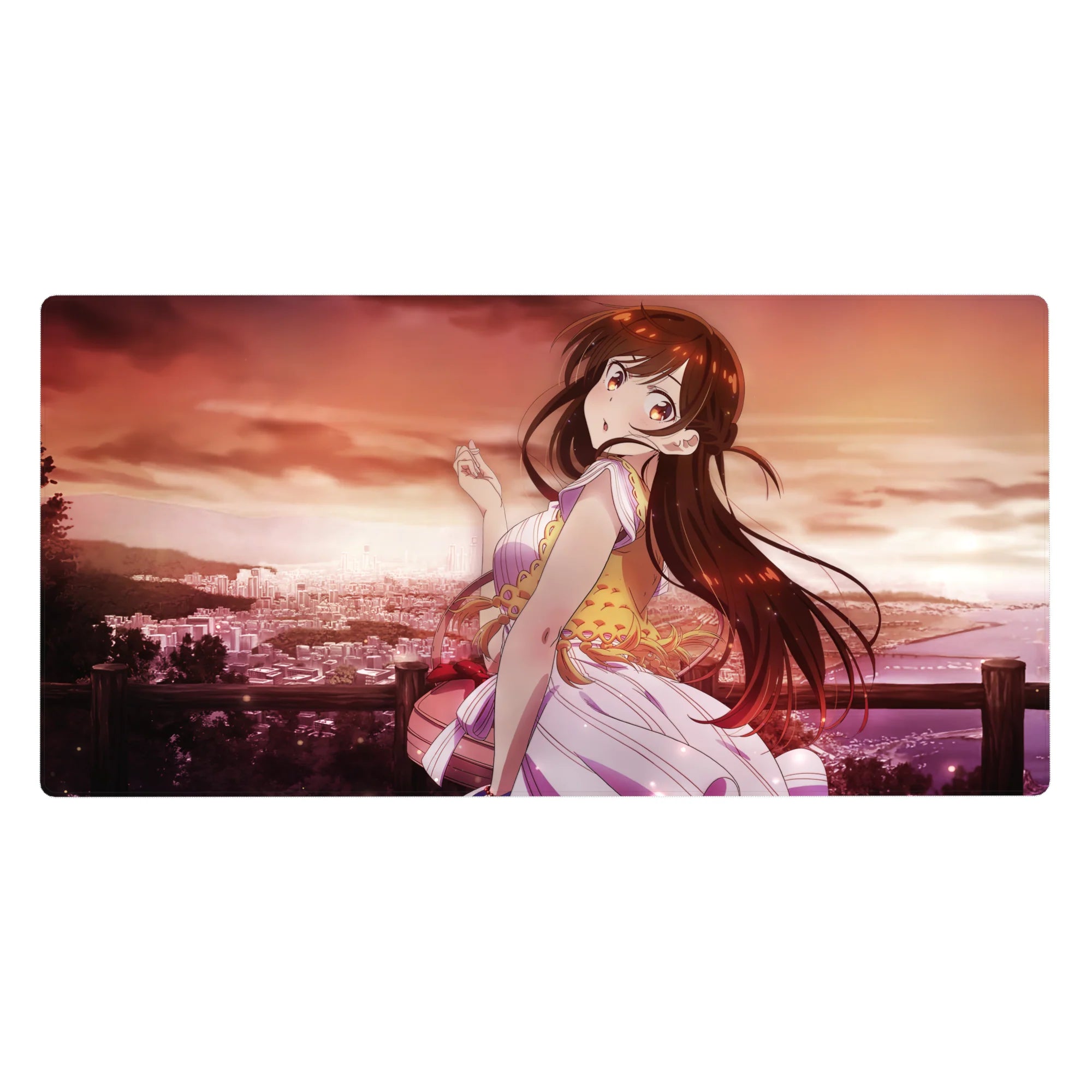 40x20 inches anime girl desk pad with sunset city shoreline backdrop, pastel outfit, and glossy highlights.