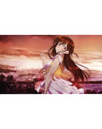 40x20 inches anime girl desk pad with sunset city shoreline backdrop, pastel outfit, and glossy highlights.