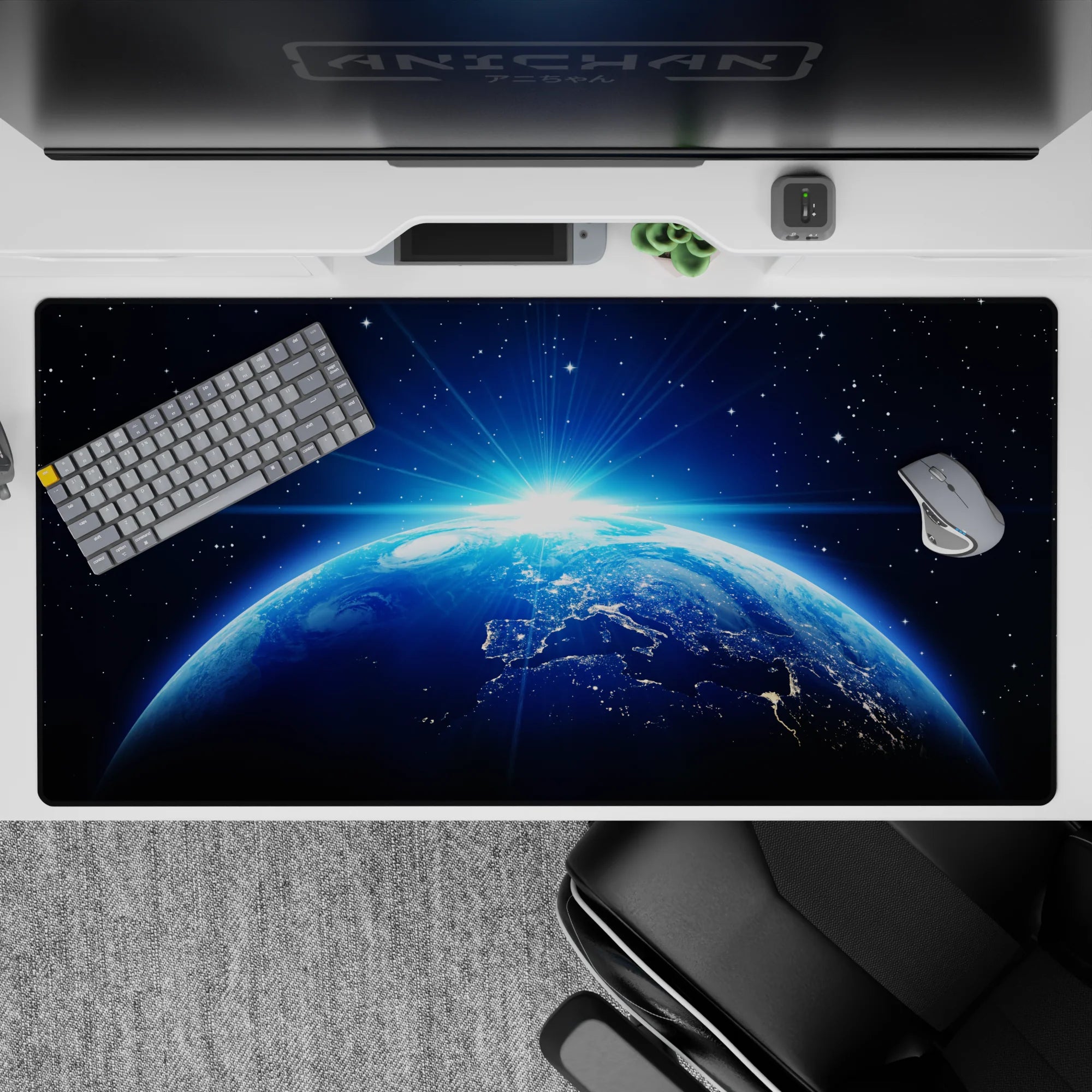 Midnight navy to electric blue 40x20 inches desk pad, calming star-speckled glow for late-night work.