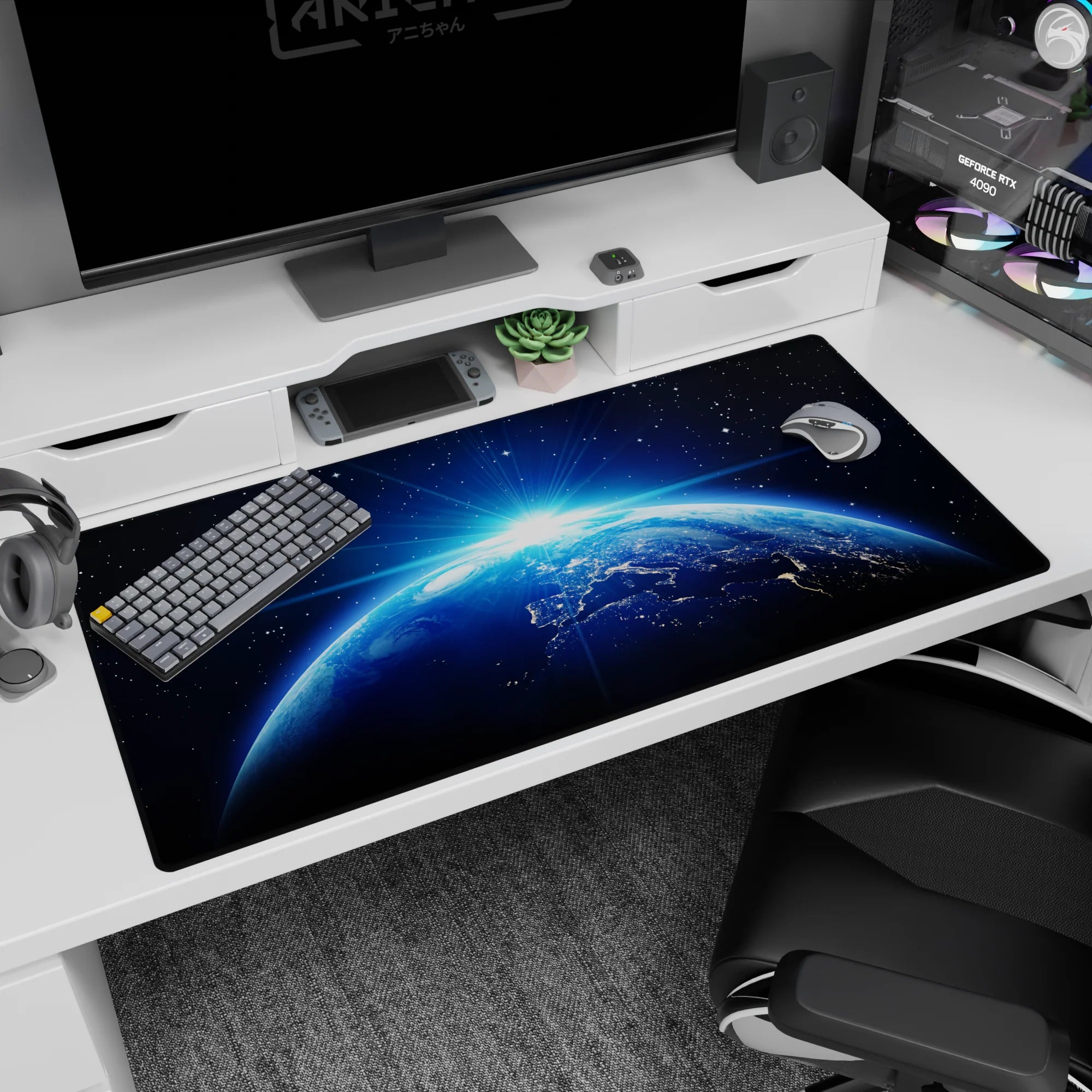 Earth curving into view under a bright sunrise, 40x20 inches desk pad with deep space stars.