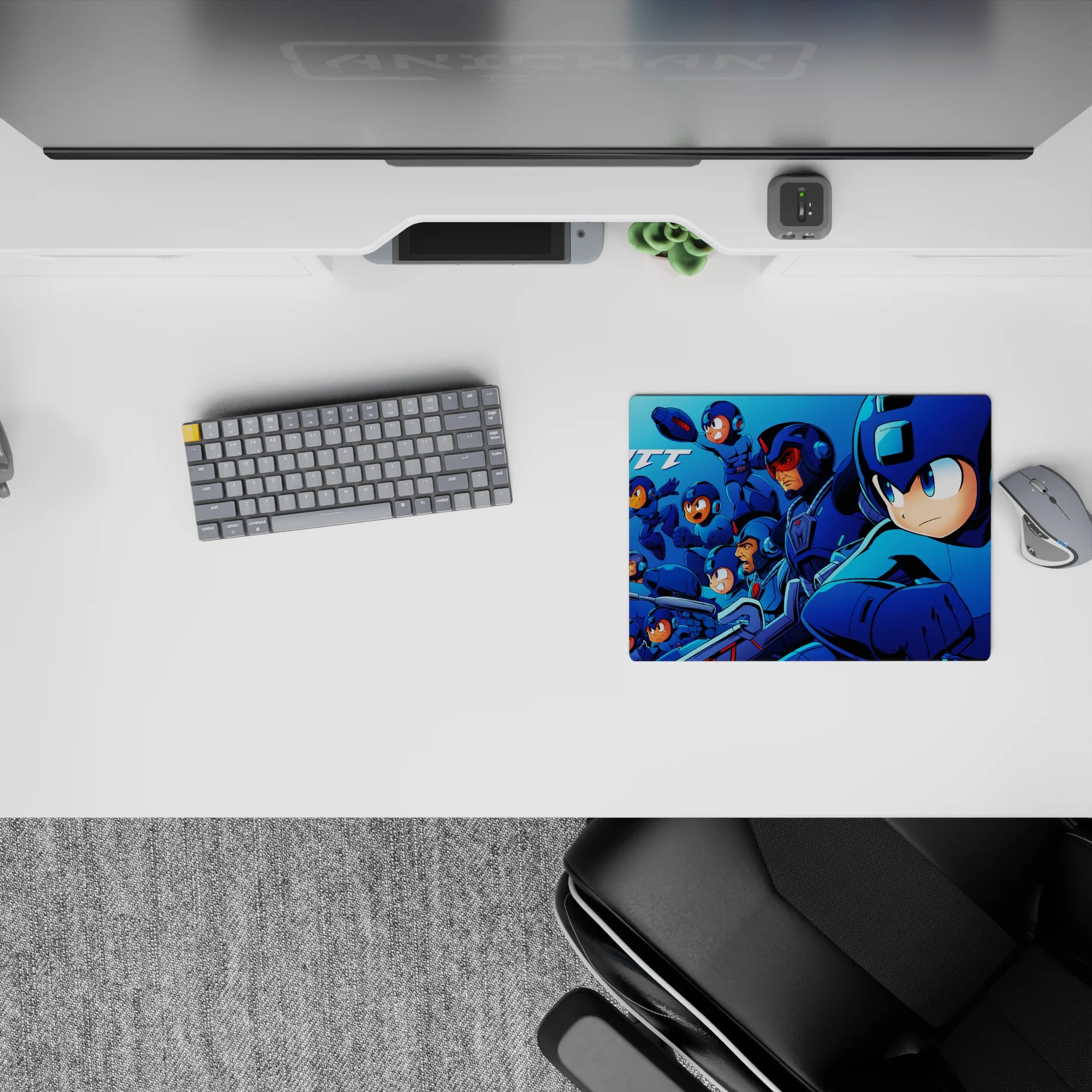 Cool blue 14x10 inches anime mouse pad with sharp neon highlights, retro arcade vibe, high-energy feel.