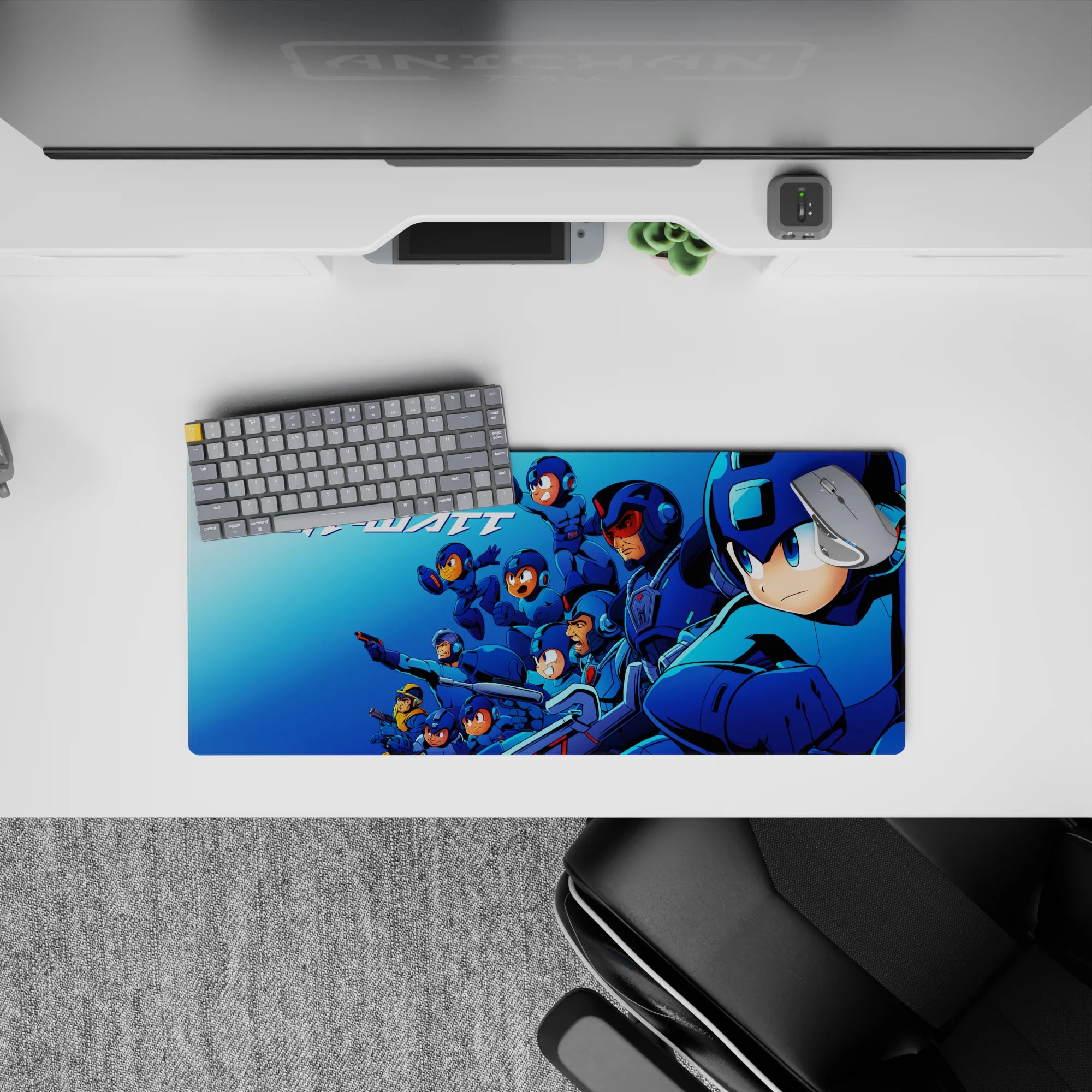 28x12 inches anime mouse pad in cool blues with sharp neon highlights, sleek armor shine, retro arcade vibe.