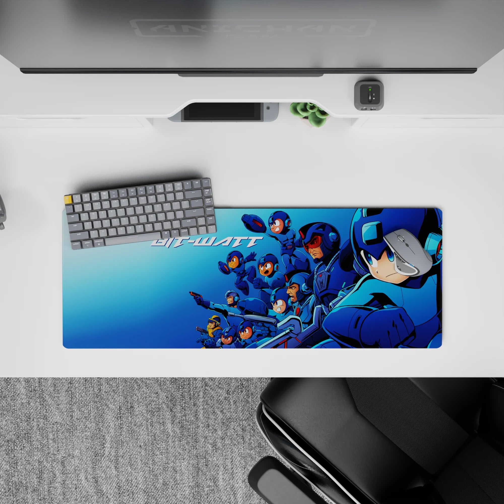 32x12 inches anime mouse pad in cool blues with sharp neon glow, fast gritty vibe for gaming desks.