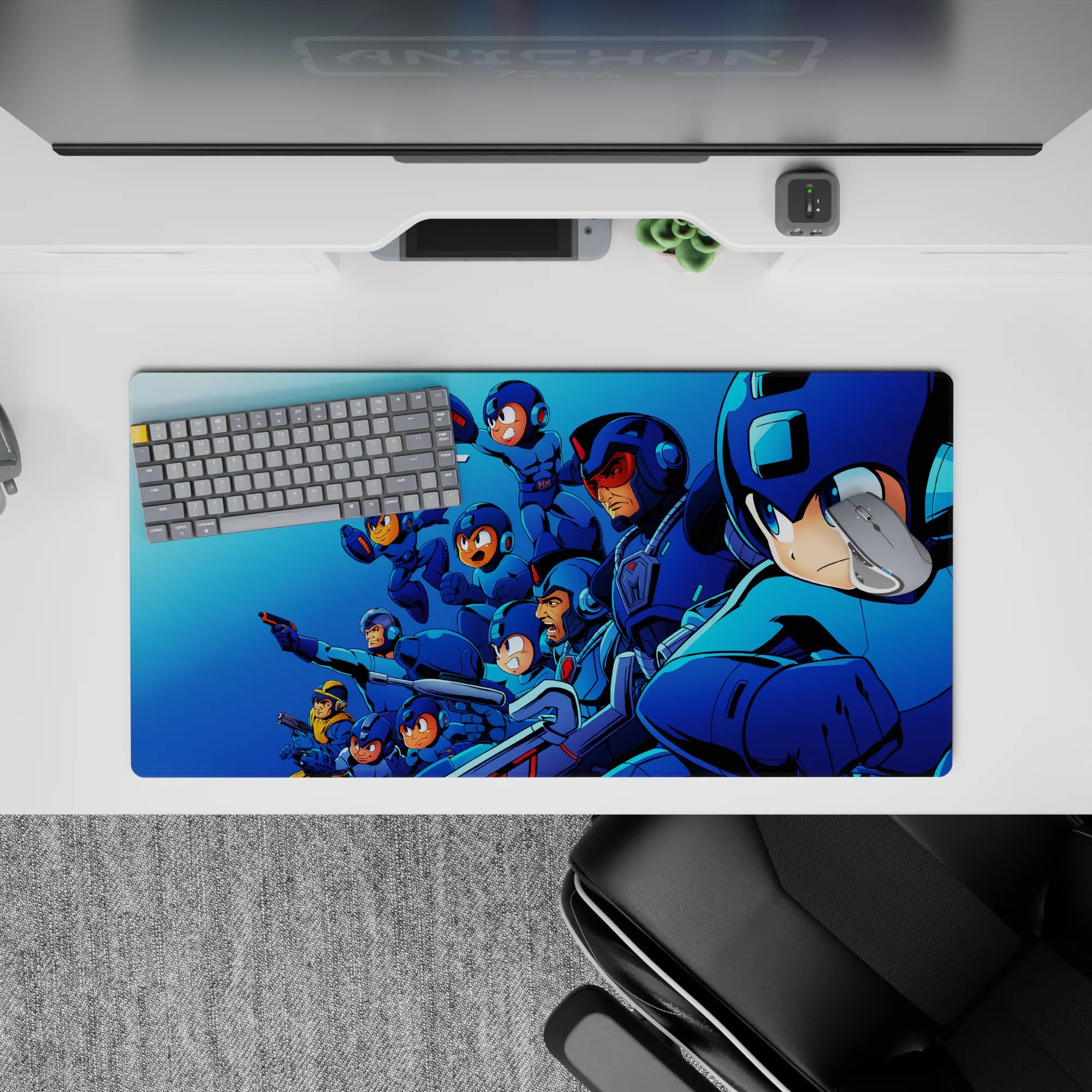 32x16 inches anime mouse pad in cool blues with sharp neon highlights, gritty speed vibe for gaming desks.