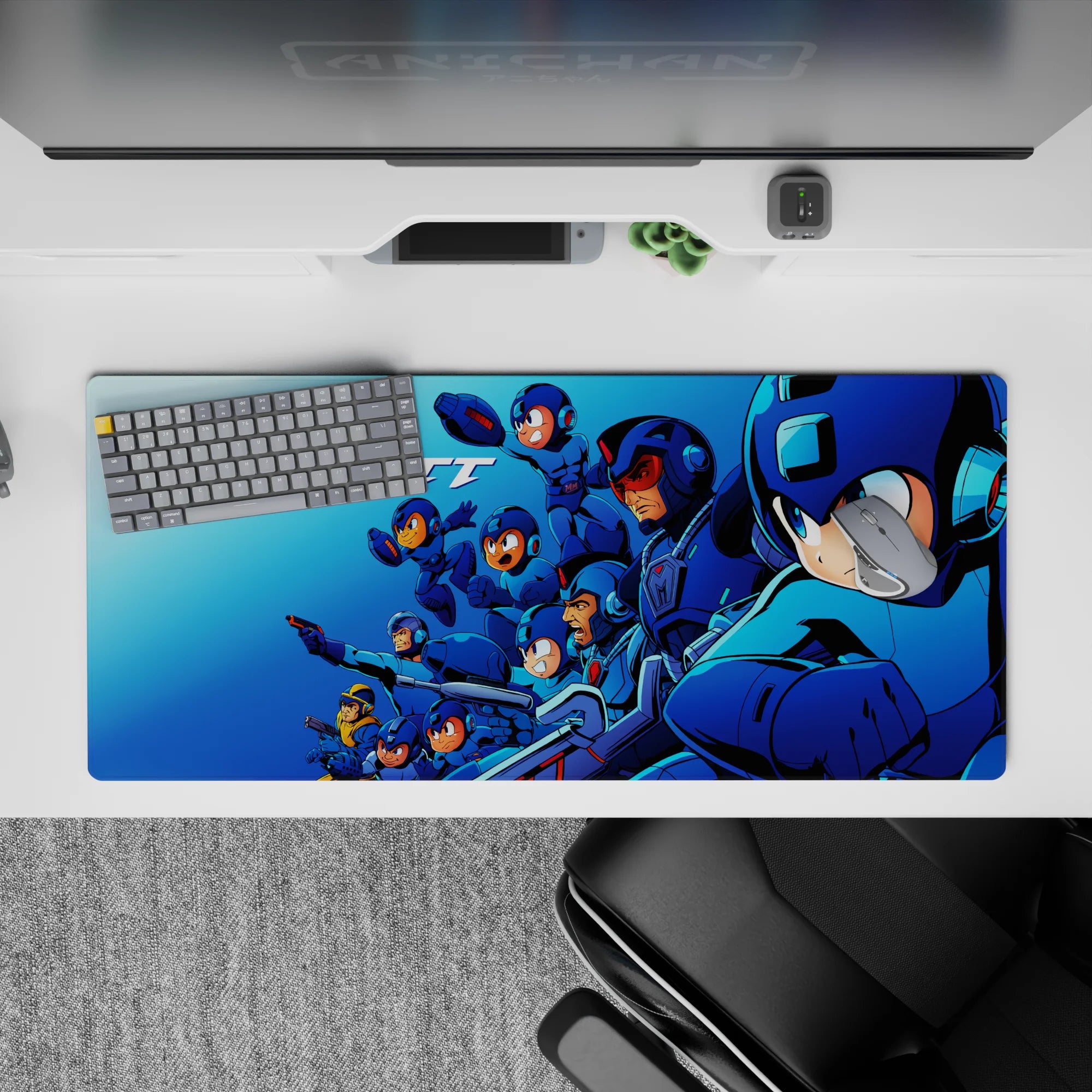 36x16 inches anime desk pad in cool blues with sharp neon highlights, fast gritty vibe for late-night gaming.