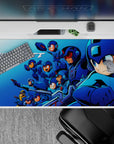40x20 inches anime desk pad in cool blues with sharp neon highlights, fast gritty action vibe for gaming desks.