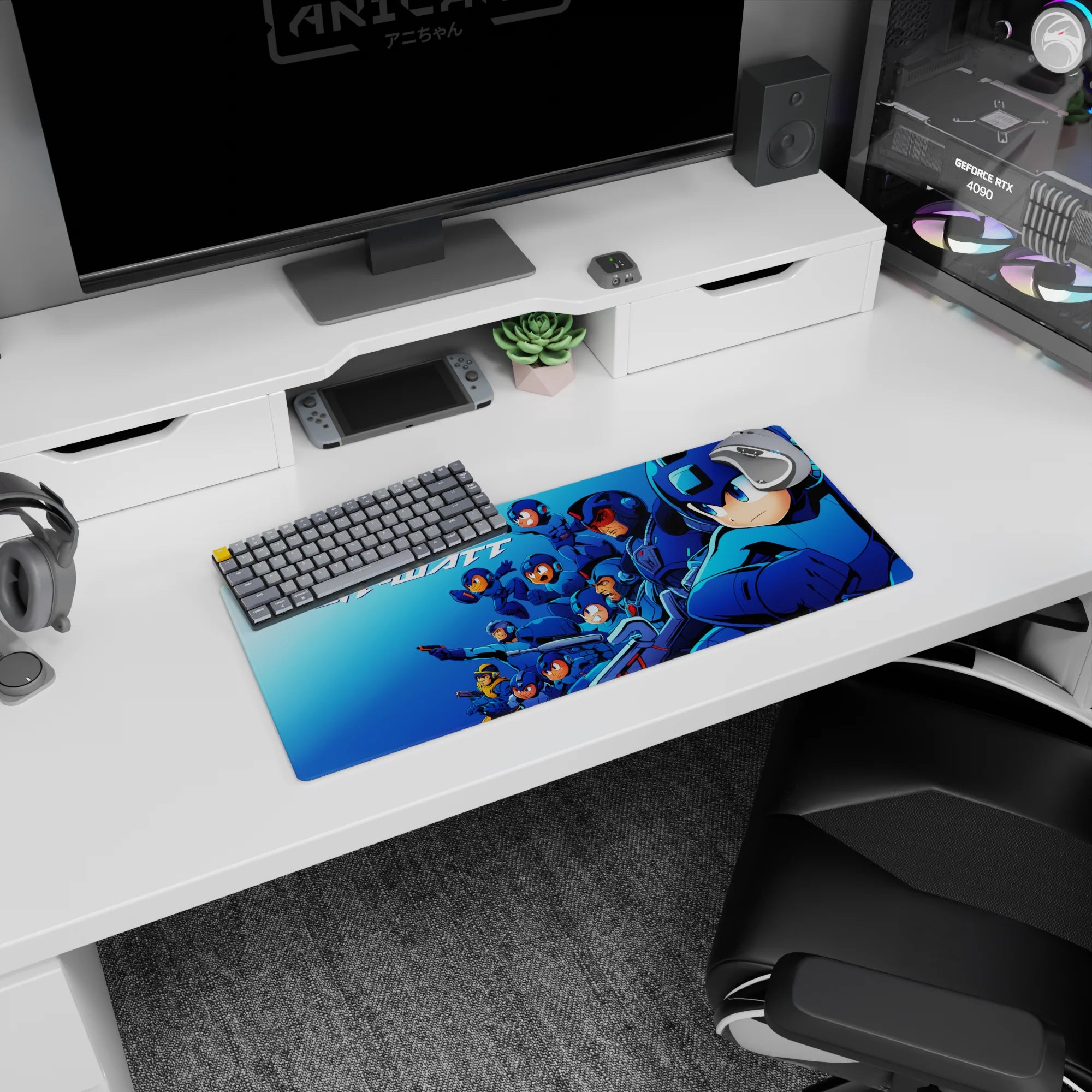 28x12 inches anime mouse pad showing Mega Man leading a full squad into battle, dynamic speed-and-grit scene.