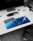 28x12 inches anime mouse pad showing Mega Man leading a full squad into battle, dynamic speed-and-grit scene.