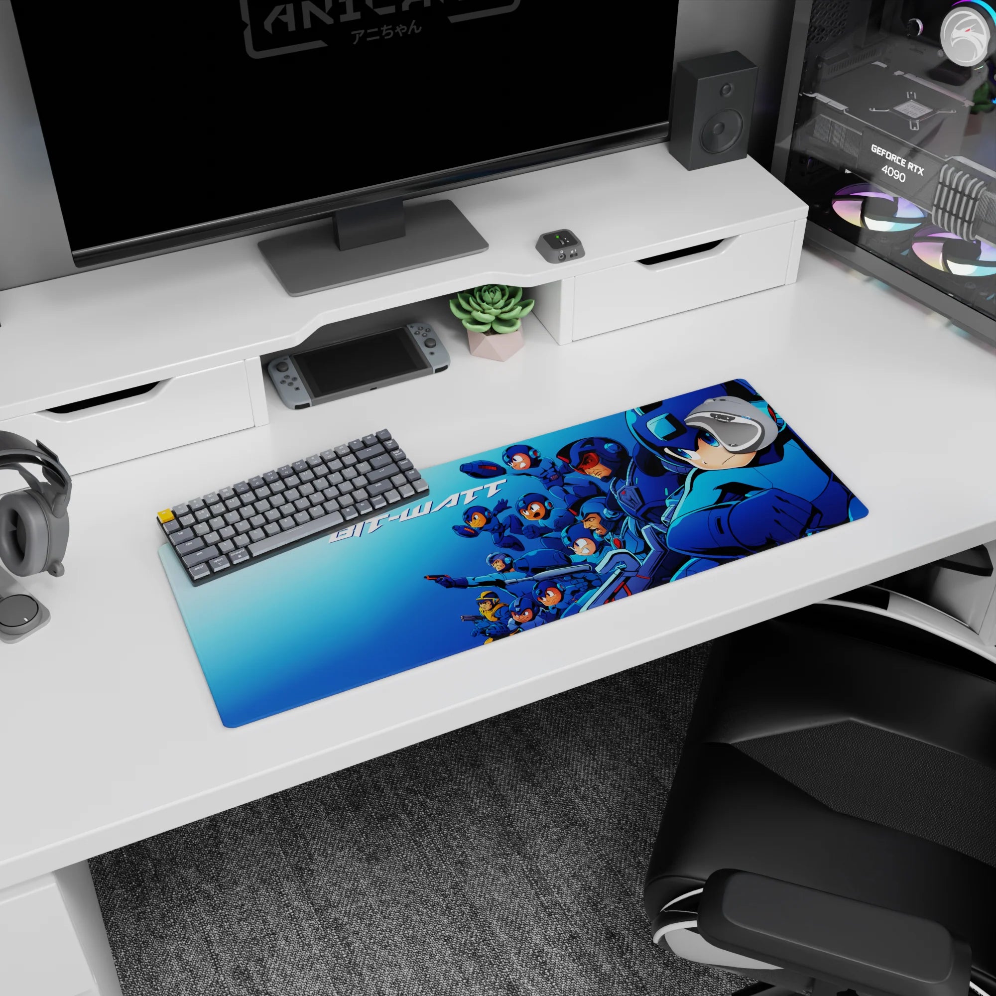 32x12 inches anime mouse pad showing Mega Man leading a full armored team, helmets gleaming mid-charge.