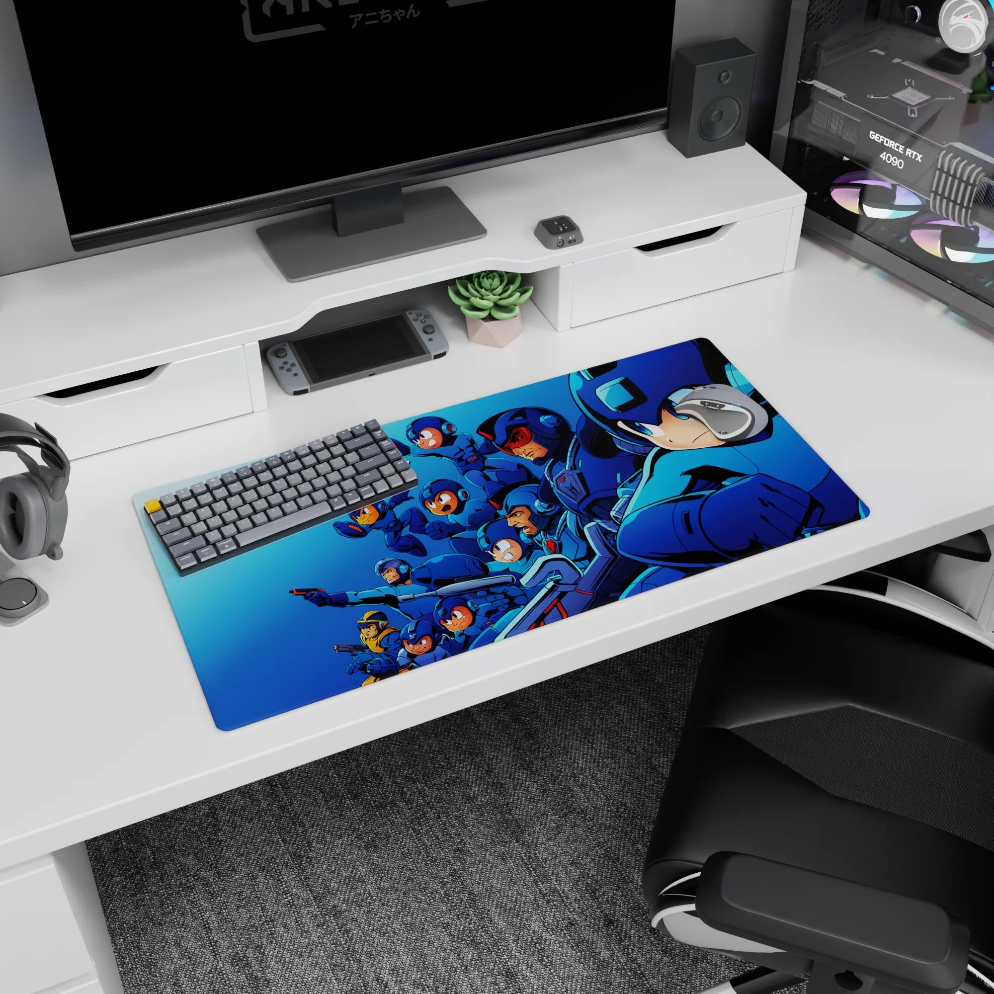 32x16 inches anime mouse pad showing Mega Man leading a full armored squad into battle, action snapshot style.