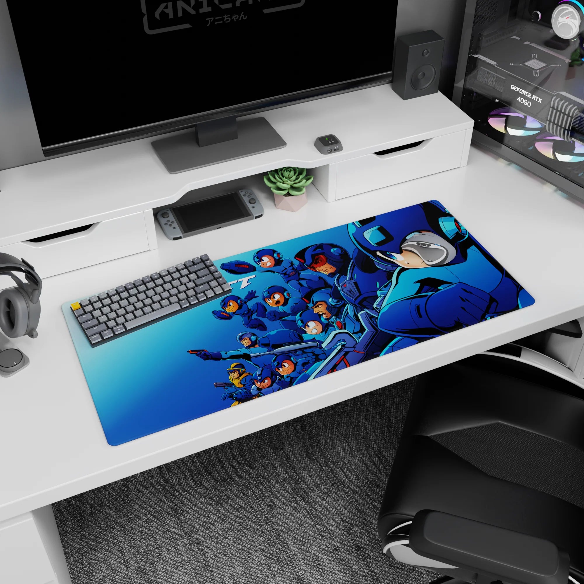 36x16 inches anime desk pad showing Mega Man leading a helmeted team, action poses like a speed snapshot.