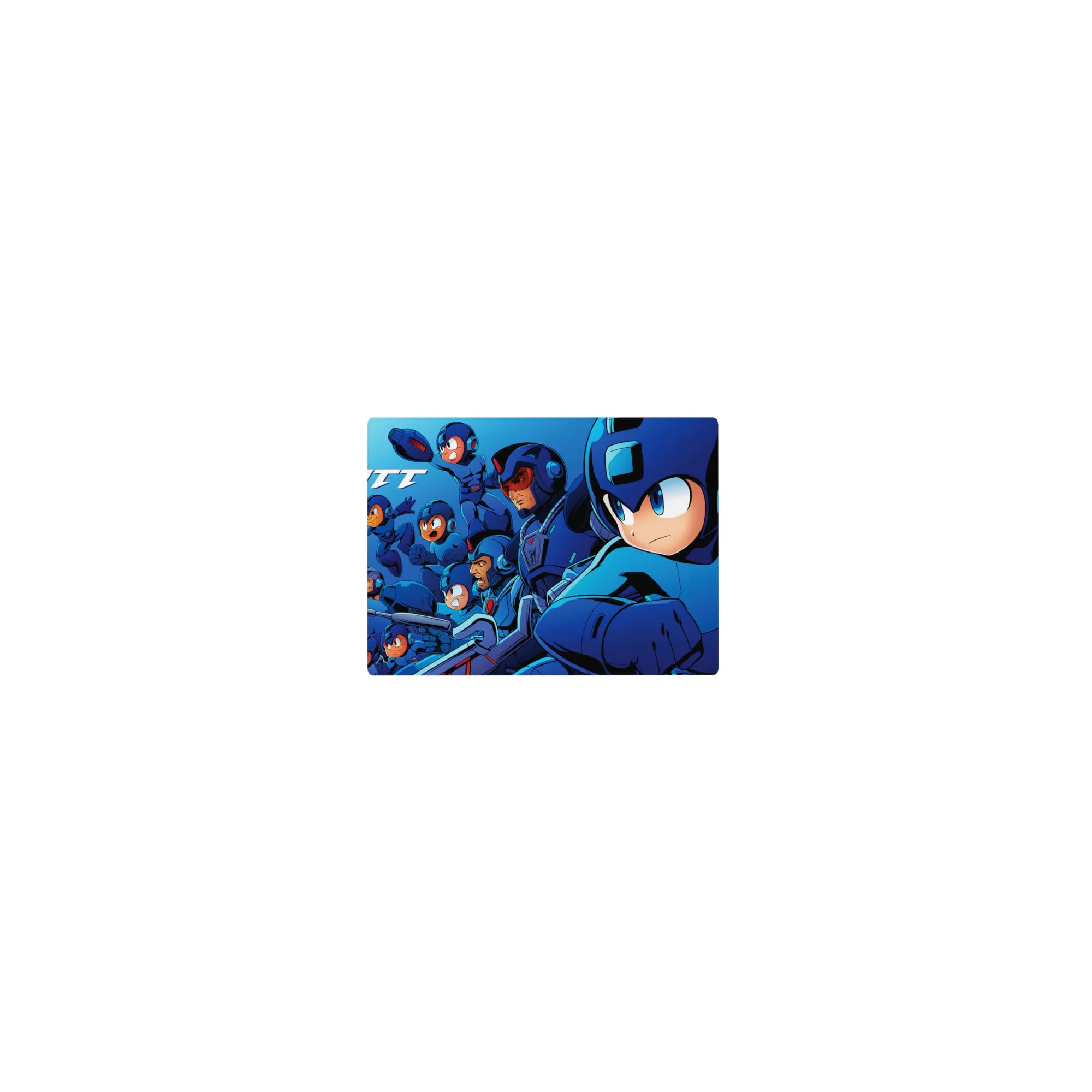 Classic anime mouse pad 14x10 inches with Mega Man squad lineup, neon Bit-Watt lettering, action poses.