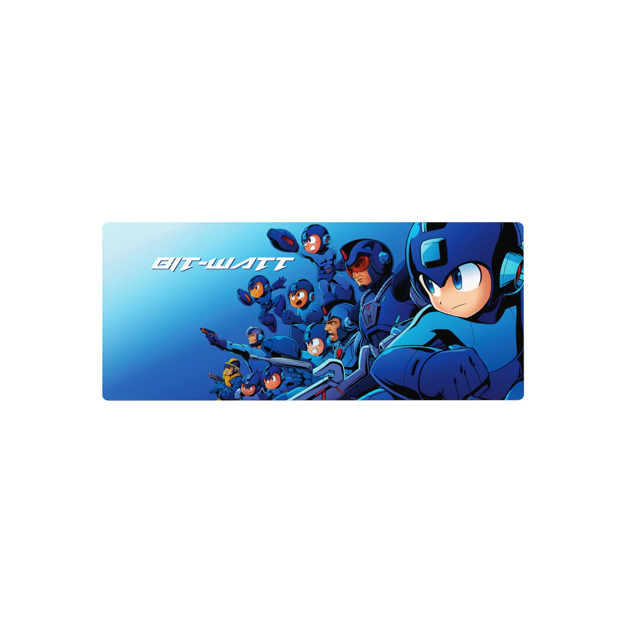 28x12 inches anime mouse pad with Mega Man squad lineup, neon Bit-Watt lettering, action-packed desk mat.