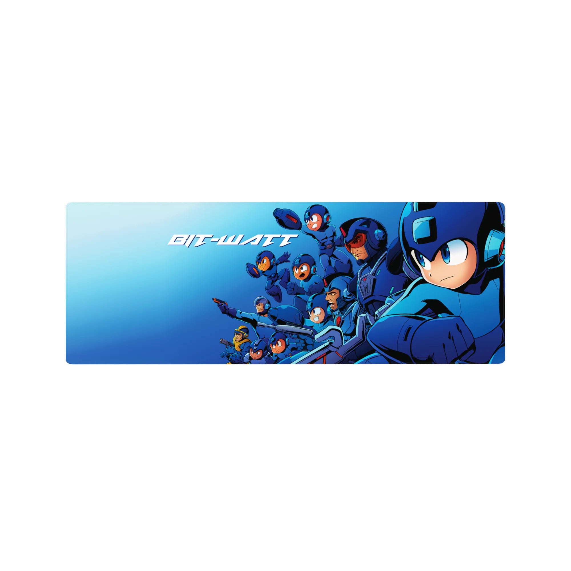32x12 inches anime mouse pad with Mega Man squad battle lineup, neon highlights, and Bit-Watt arcade text.