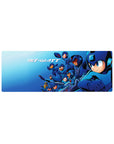 32x12 inches anime mouse pad with Mega Man squad battle lineup, neon highlights, and Bit-Watt arcade text.