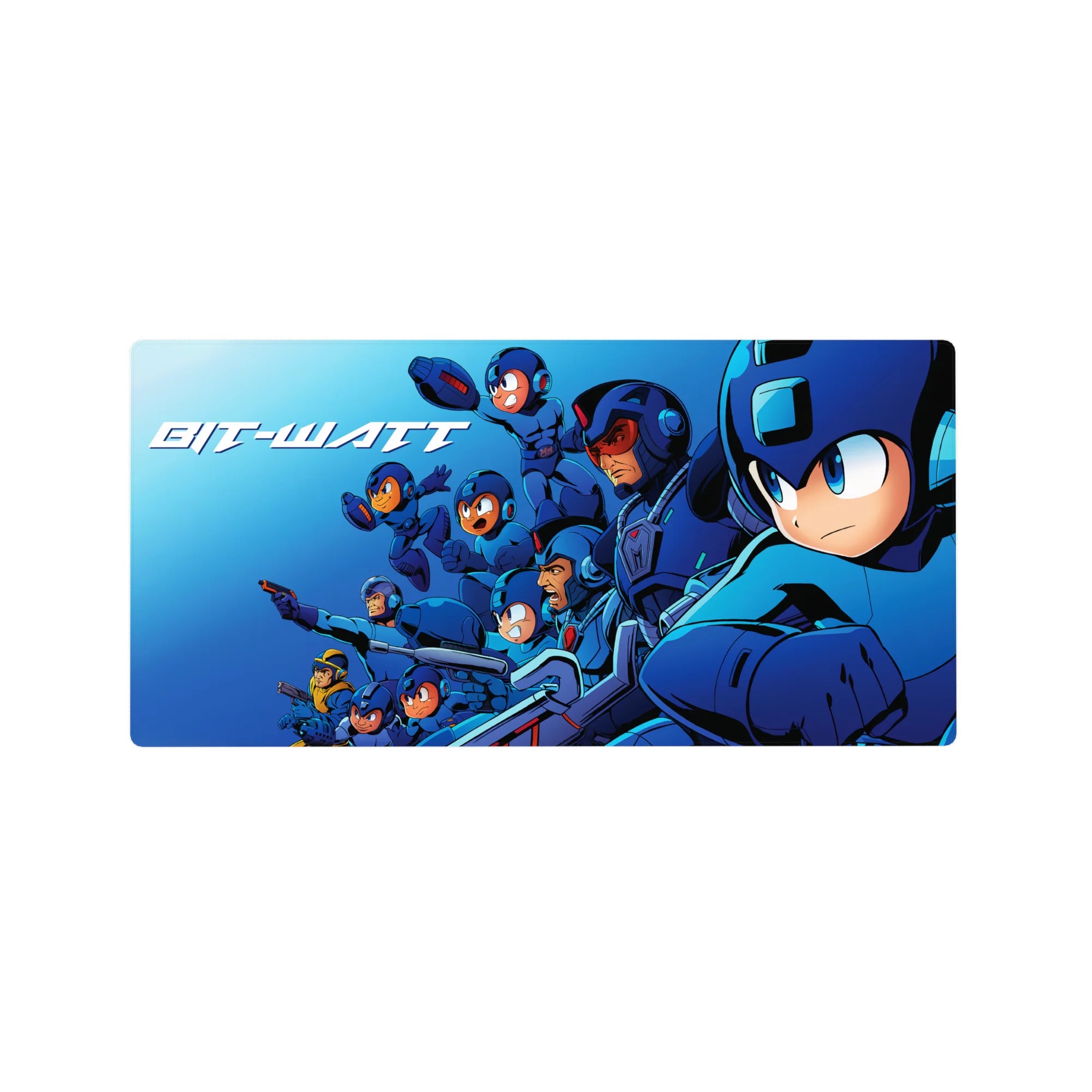 32x16 inches anime mouse pad with Mega Man squad lineup, neon accents, and Bit-Watt arcade lettering.