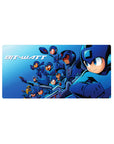 32x16 inches anime mouse pad with Mega Man squad lineup, neon accents, and Bit-Watt arcade lettering.