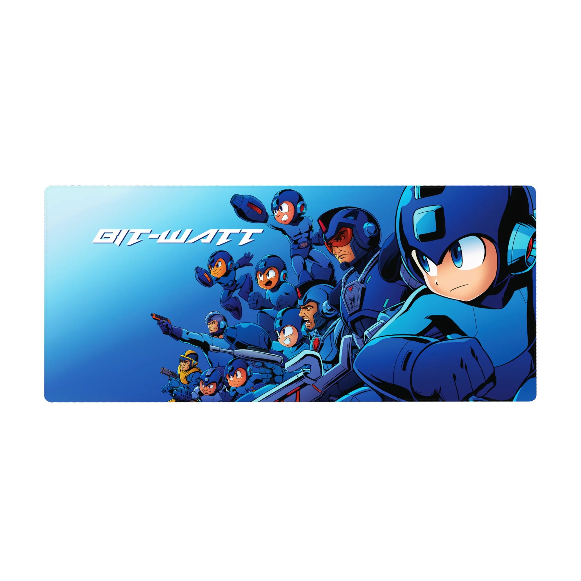 36x16 inches anime desk pad with Mega Man squad battle lineup, neon accents, and Bit-Watt arcade text.