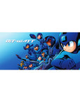36x16 inches anime desk pad with Mega Man squad battle lineup, neon accents, and Bit-Watt arcade text.