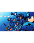 40x20 inches anime desk pad with Mega Man squad battle lineup, neon accents and Bit-Watt arcade lettering.