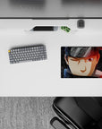 Moody gray rain scene anime mouse pad 14x10 inches with red rim light glow and smoky shading.