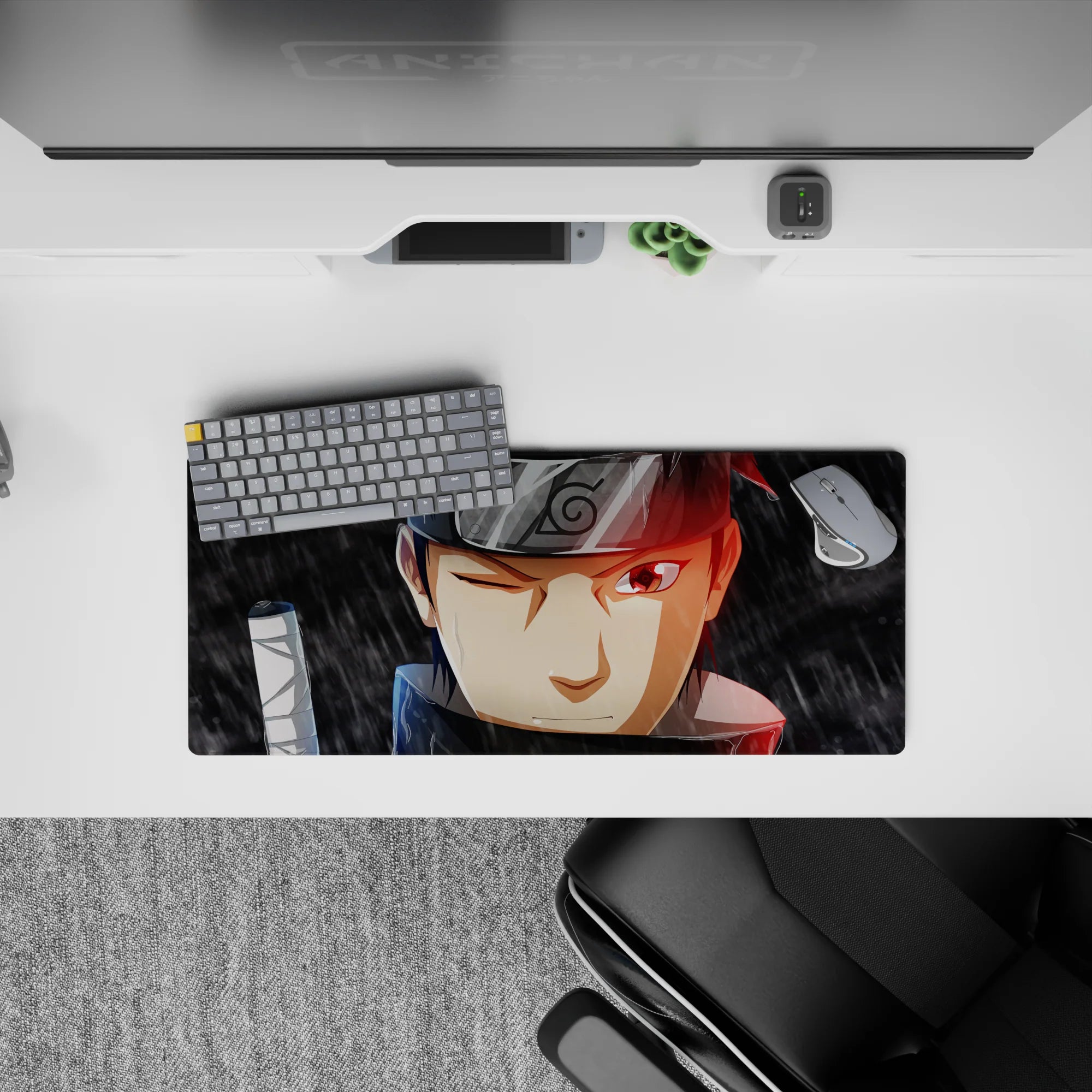 28x12 inches anime mouse pad in smoky gray rain with red rim light and moody cinematic glow.