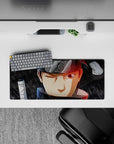 28x12 inches anime mouse pad in smoky gray rain with red rim light and moody cinematic glow.