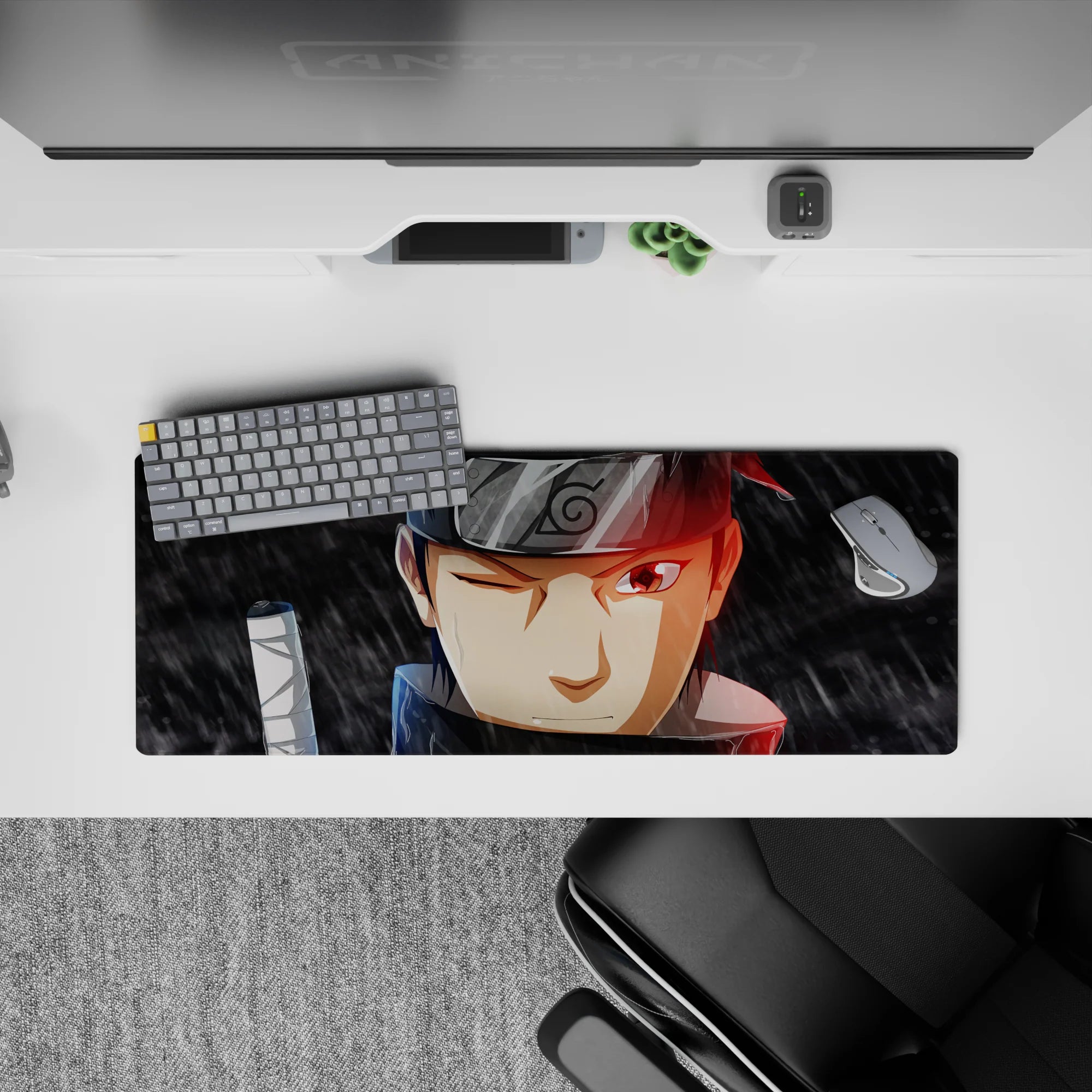 32x12 inches anime desk mouse pad in smoky grays with rain streaks and red rim light, cinematic moody vibe.