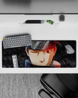 32x12 inches anime desk mouse pad in smoky grays with rain streaks and red rim light, cinematic moody vibe.