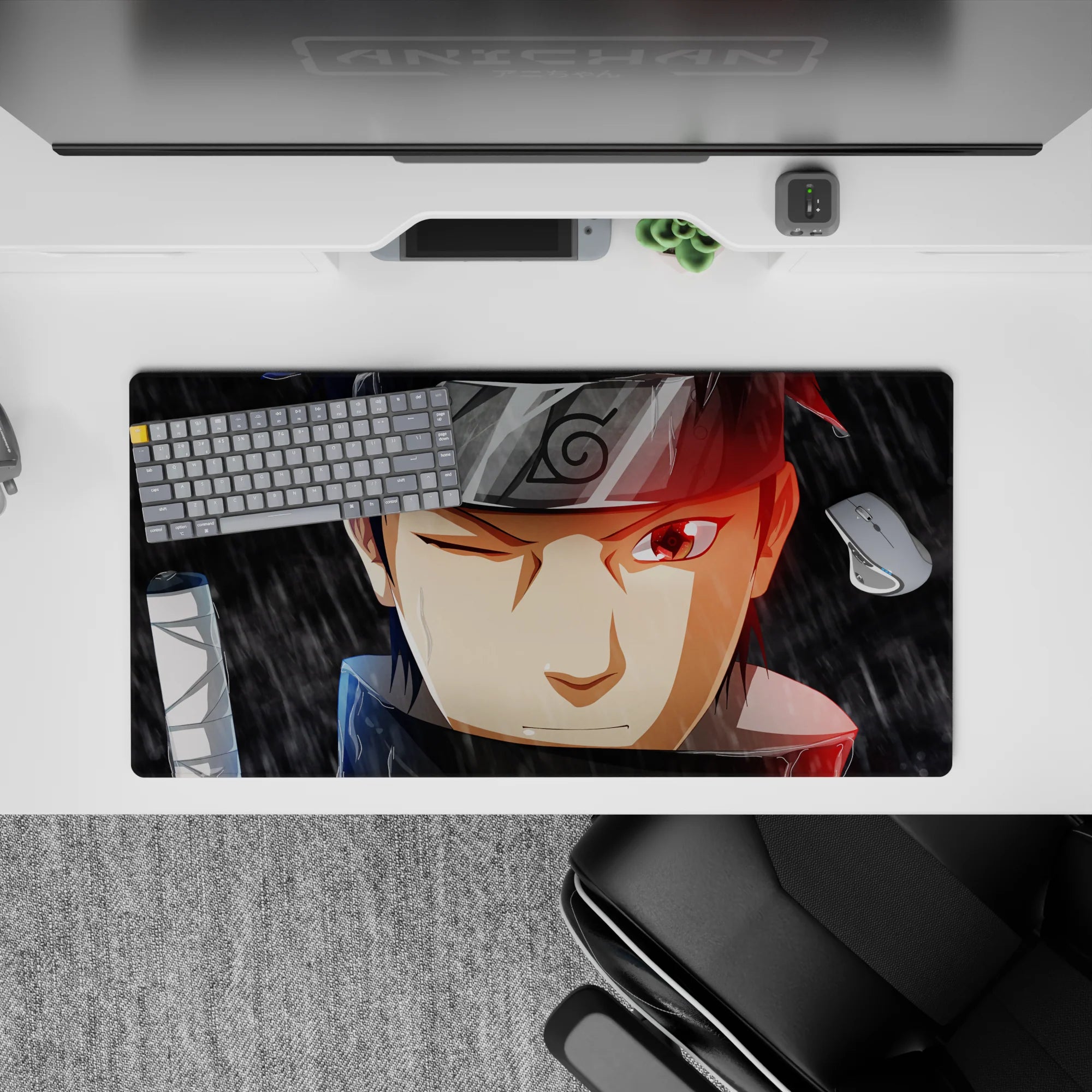 32x16 inches anime mouse pad in smoky grays with rain streaks and red rim light, moody cinematic vibe.