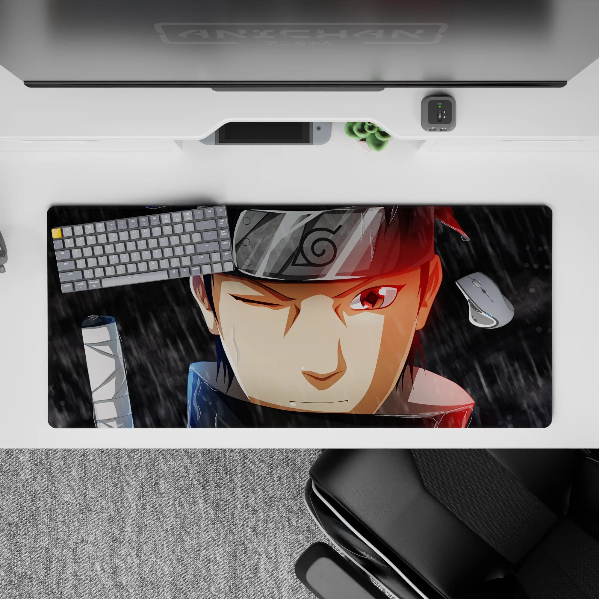 Moody gray rain-streak anime desk pad 36x16 inches with red rim light and glowing eye accent.