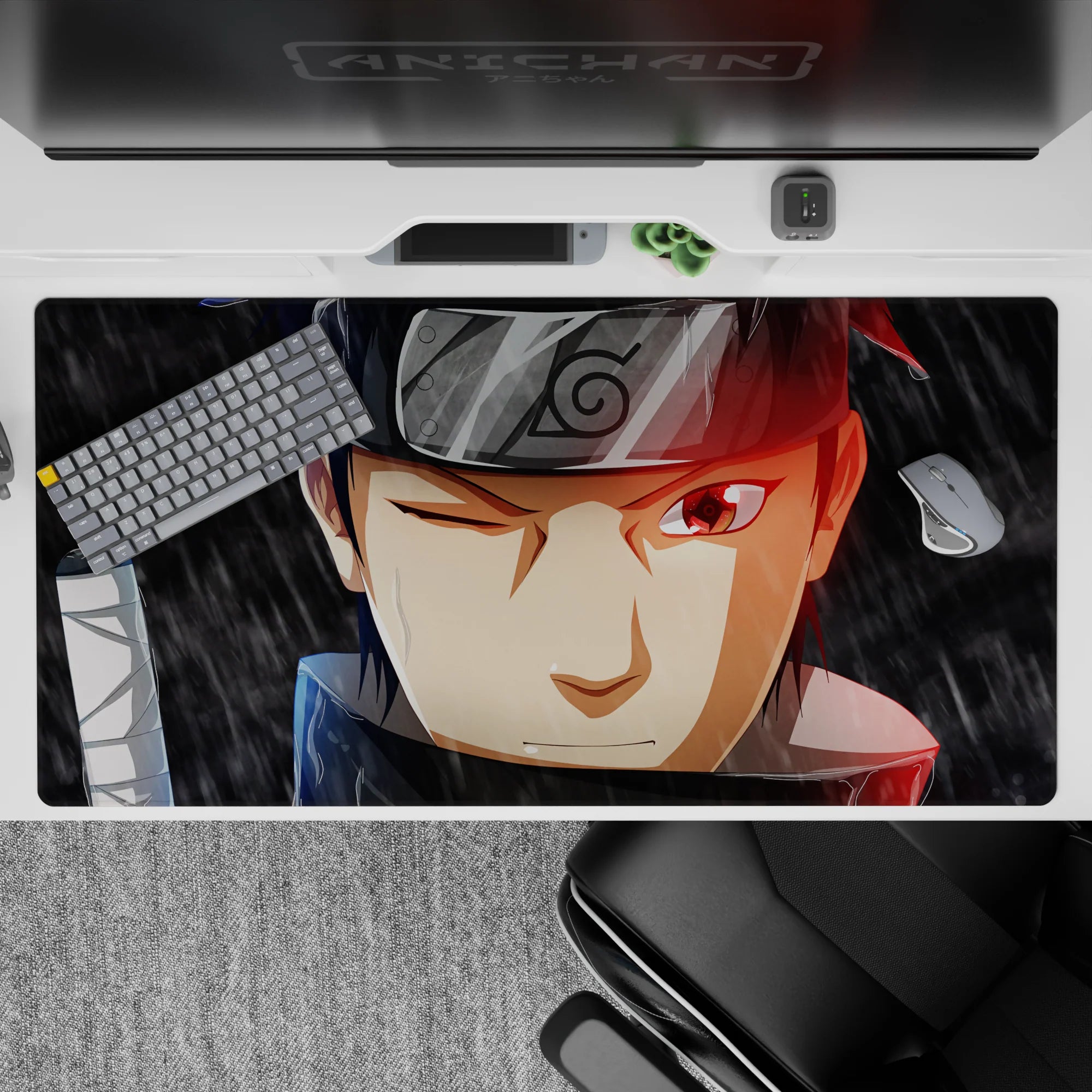40x20 inches anime desk pad in smoky grays with rain streaks and red rim light, cinematic mood.