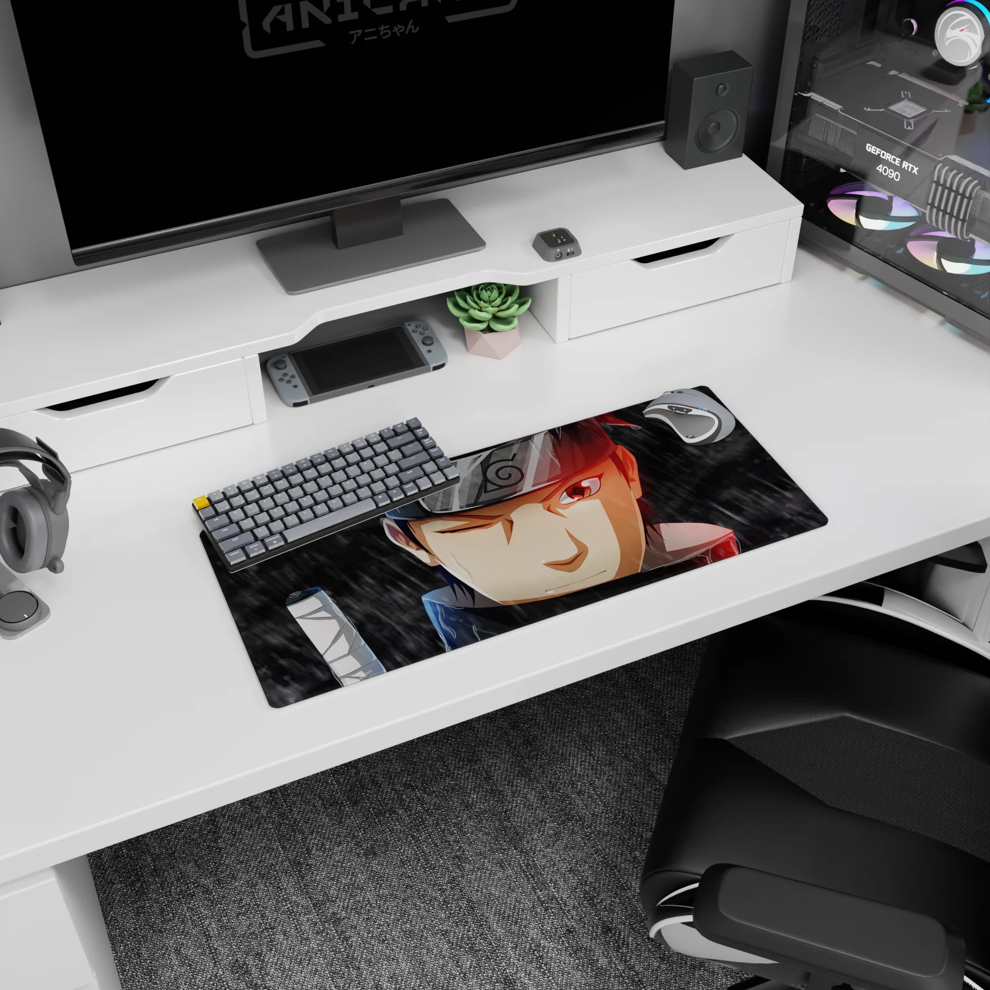 28x12 inches anime mouse pad showing Shisui half-smirk, one eye shut, Sharingan glowing in rain.
